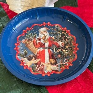 🎄Vintage Festive Blue Santa Holiday Metal Plate/Bowl